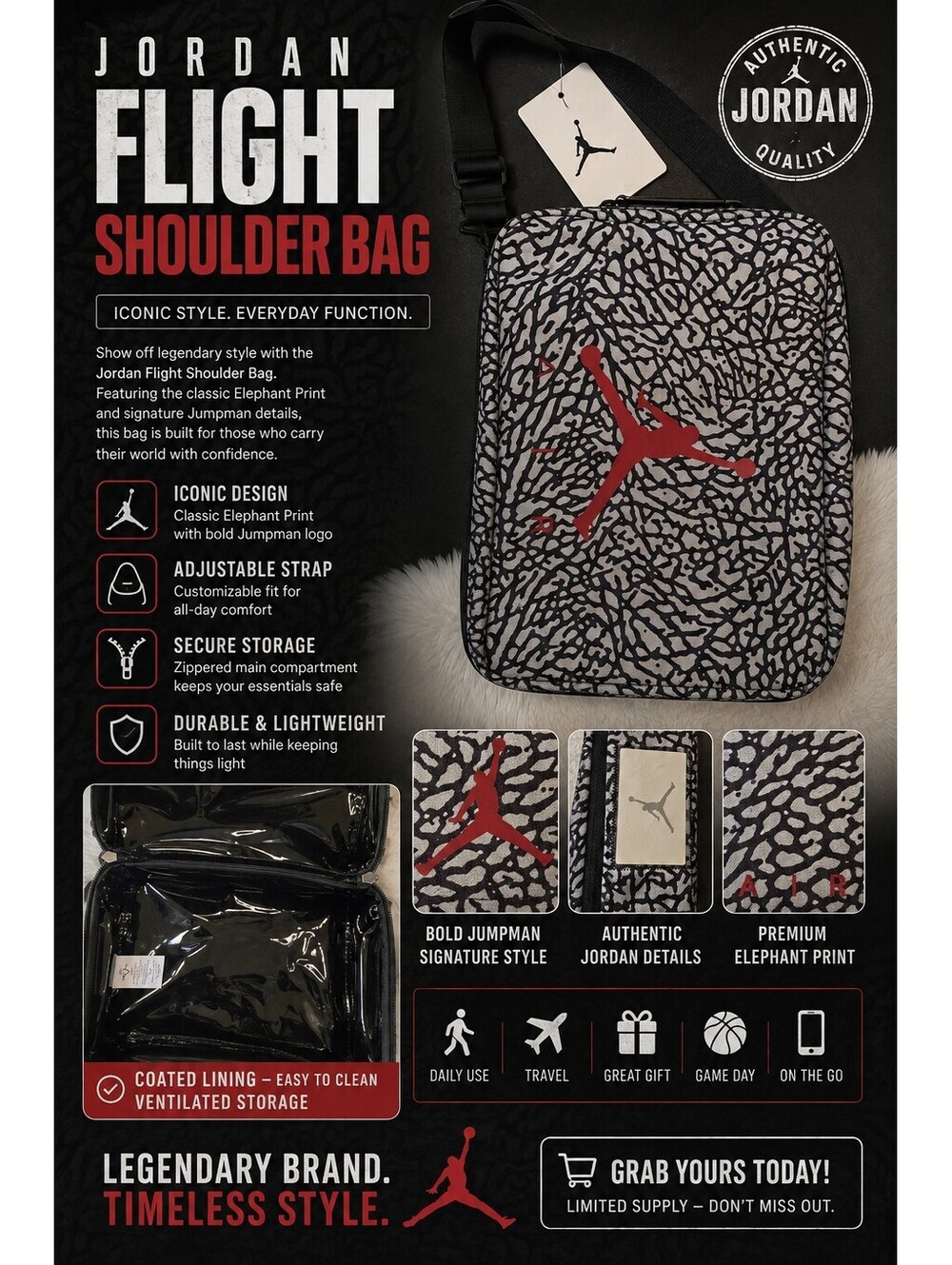 NWT Jordan Flight Sholder Bag Black Elephant Print